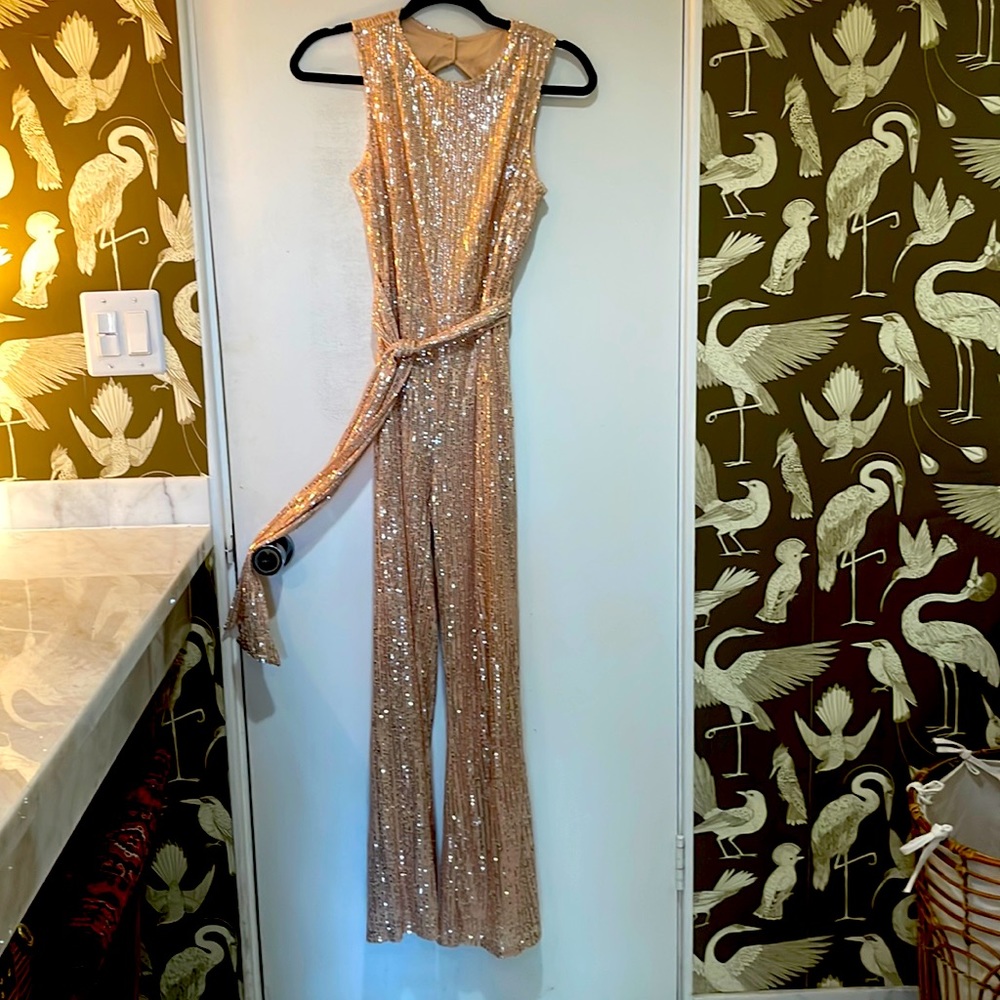 Champagne sequined backless jumpsuit super sexy